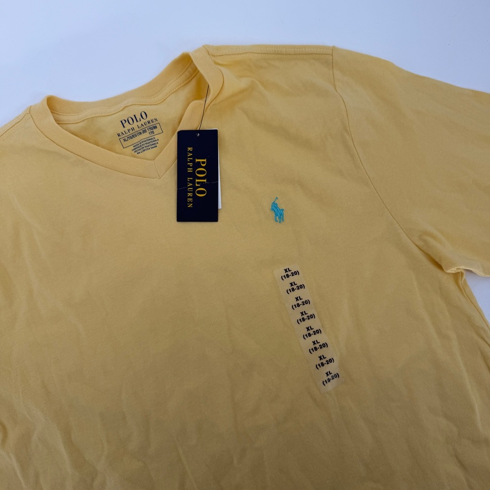 Polo Ralph Lauren Boys XL 18-20 V-Neck T-Shirt Yellow Blue Pony NWT